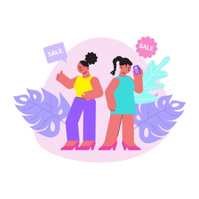 Shopping sale flat composition with two female characters talking on phone vector illustration