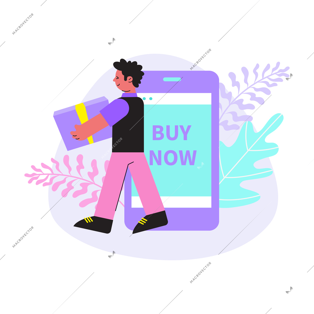 Online shopping flat composition with smartphone and happy character carrying box vector illustration