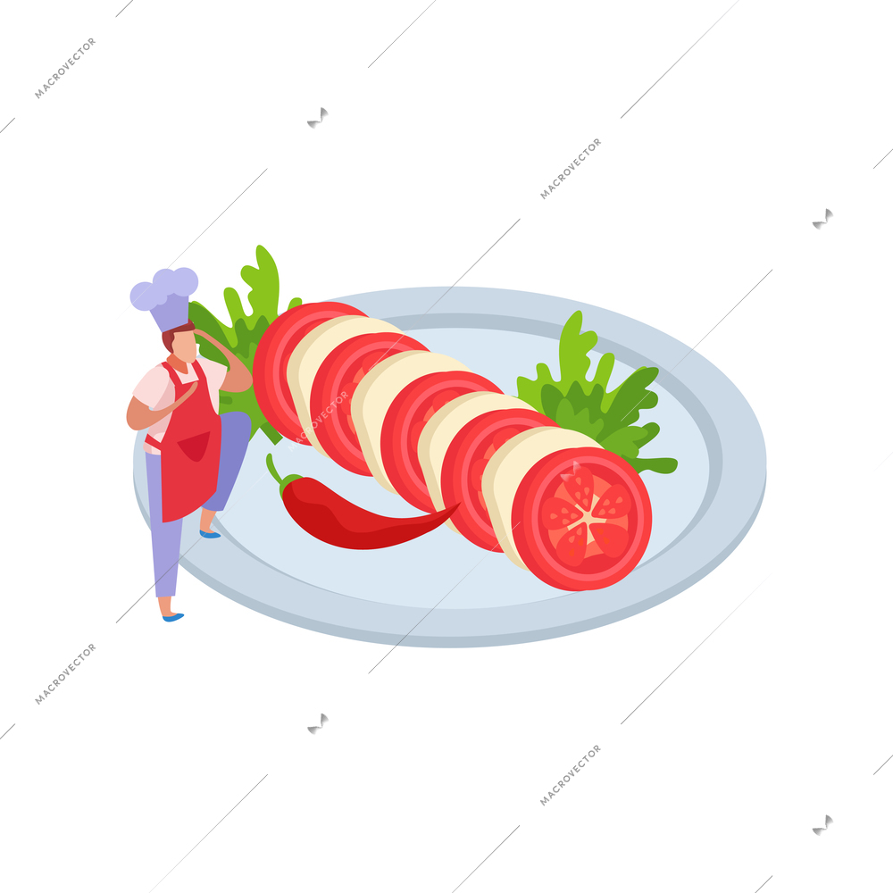 Flat professional kitchen icon with caprese salad on plate and chef vector illustration