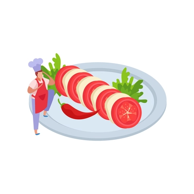 Flat professional kitchen icon with caprese salad on plate and chef vector illustration