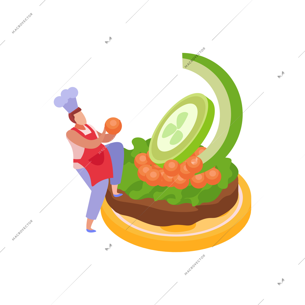 Restaurant food flat icon with delicious dish and character of male chef vector illustration