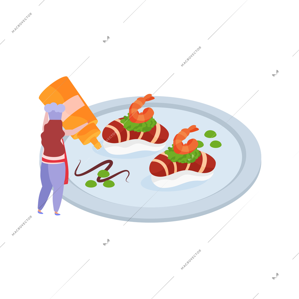 Flat professional kitchen icon with human character adding sauce to sushi vector illustration