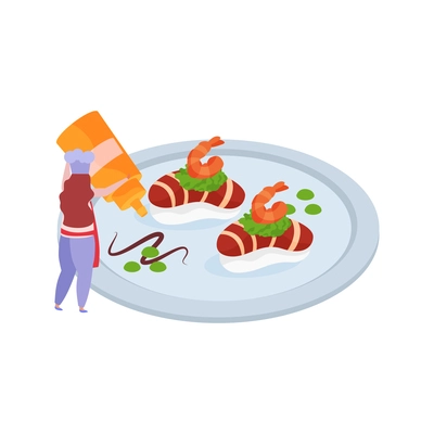 Flat professional kitchen icon with human character adding sauce to sushi vector illustration