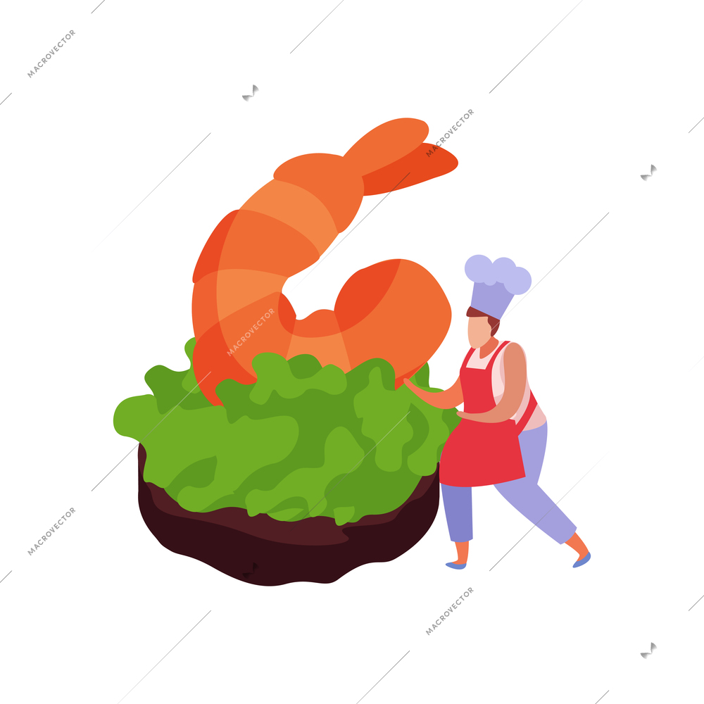 Professional kitchen flat icon with character of chef and dish with prawn vector illustration