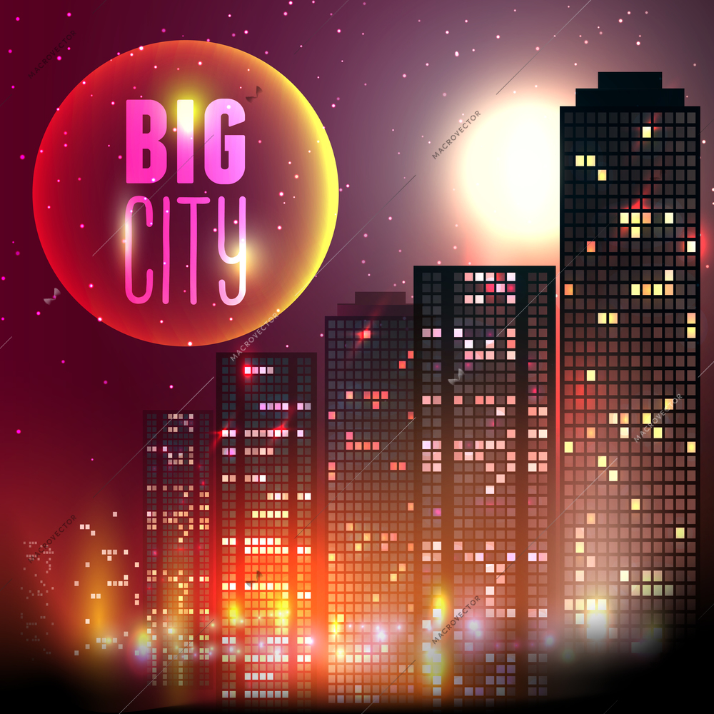 Modern urban city skyline at full moon night on red background vector illustration.