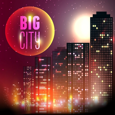 Modern urban city skyline at full moon night on red background vector illustration.