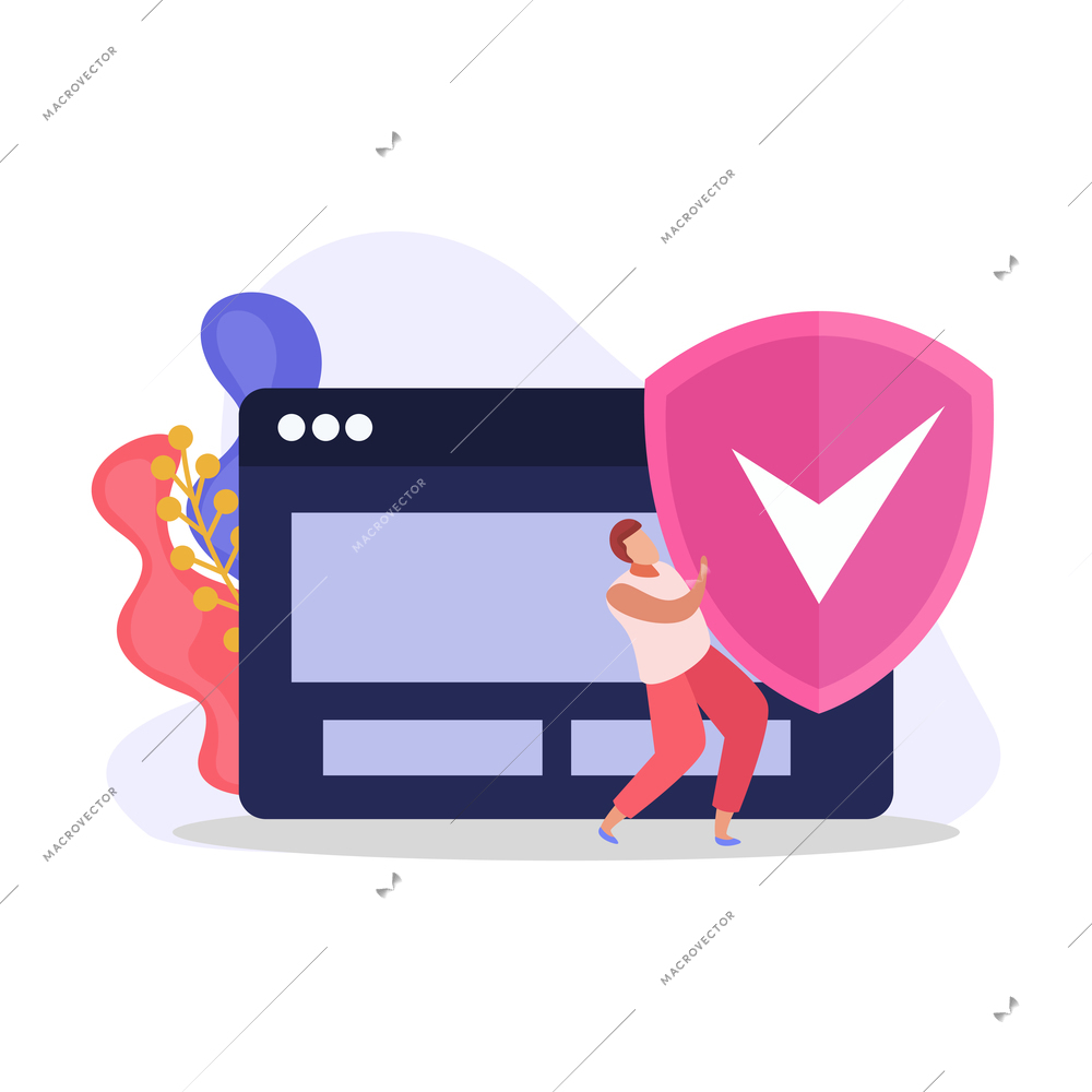 Internet security protected personal data flat icon with character and shield image vector illustration