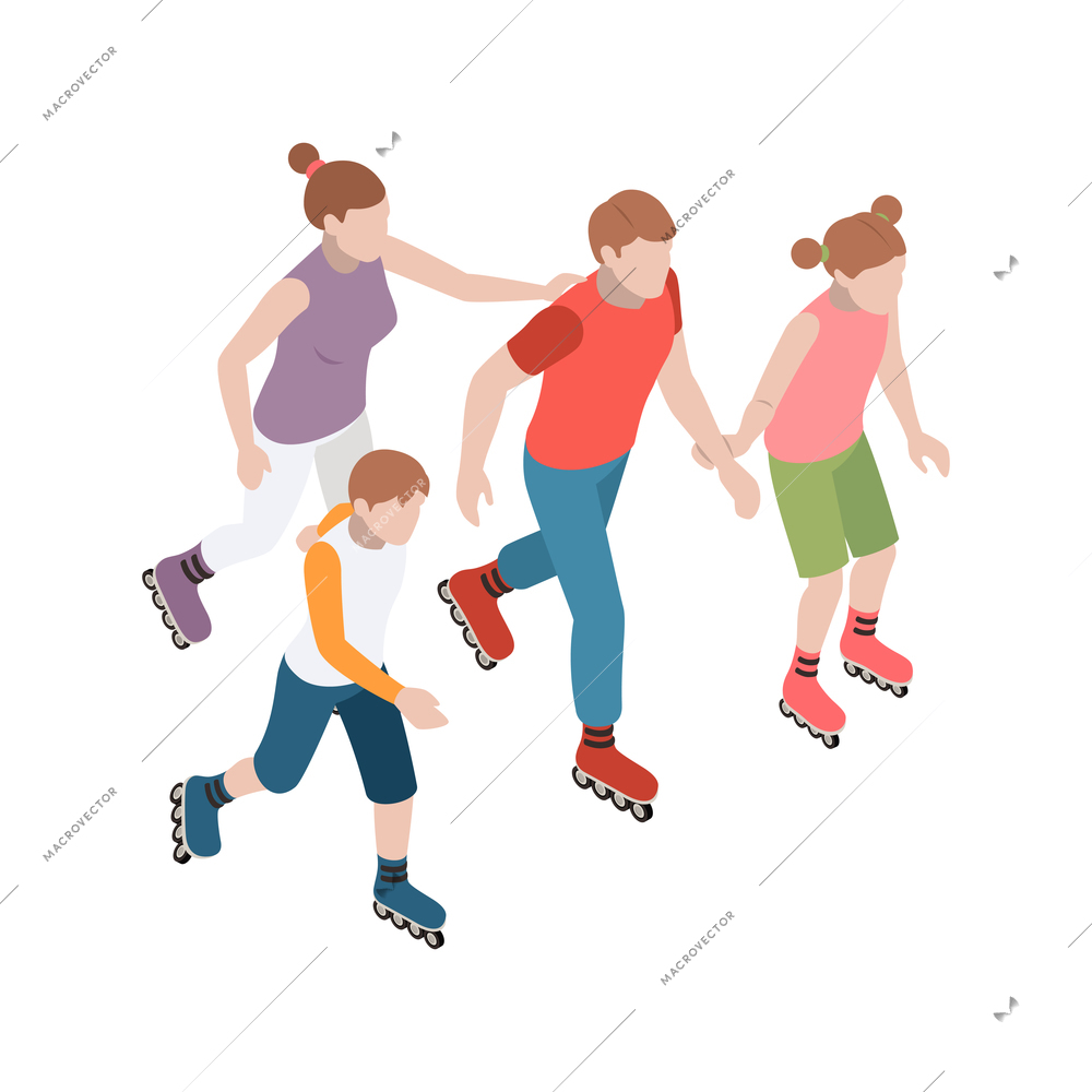 Family rollerskating together 3d isometric vector illustration