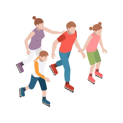 Family rollerskating together 3d isometric vector illustration