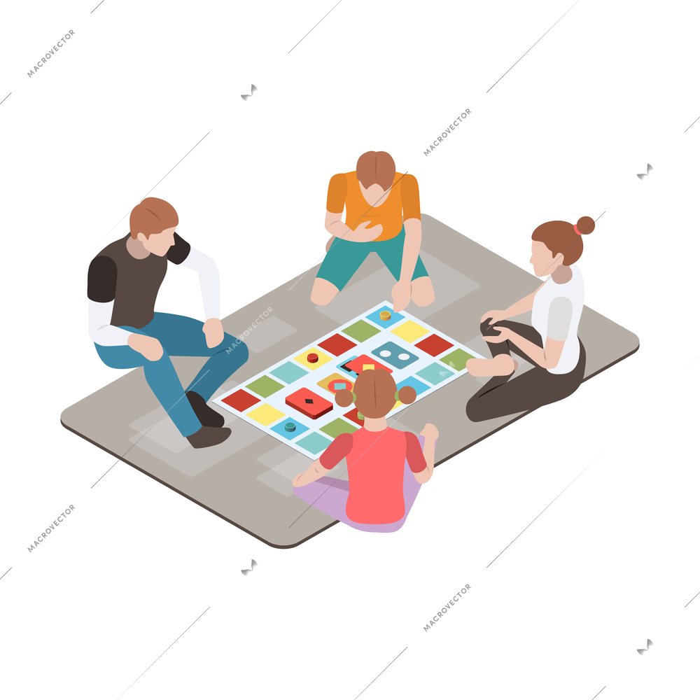 Family leisure activity isometric icon with people playing board game vector illustration
