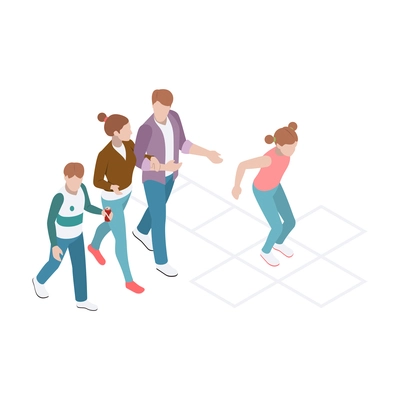 Isometric composition with walking family and girl playing hopscotch vector illustration