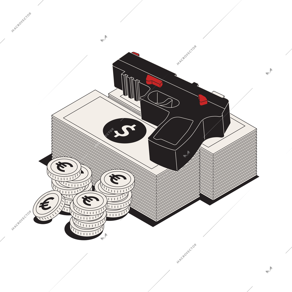 Isometric dirty money icon with 3d pistol stacks of banknotes and coins vector illustration