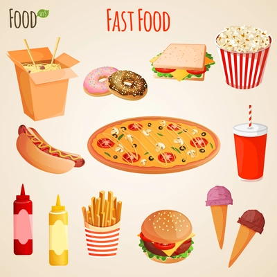 Fast junk food icons flat set of french fries hamburger soda drink isolated vector illustration