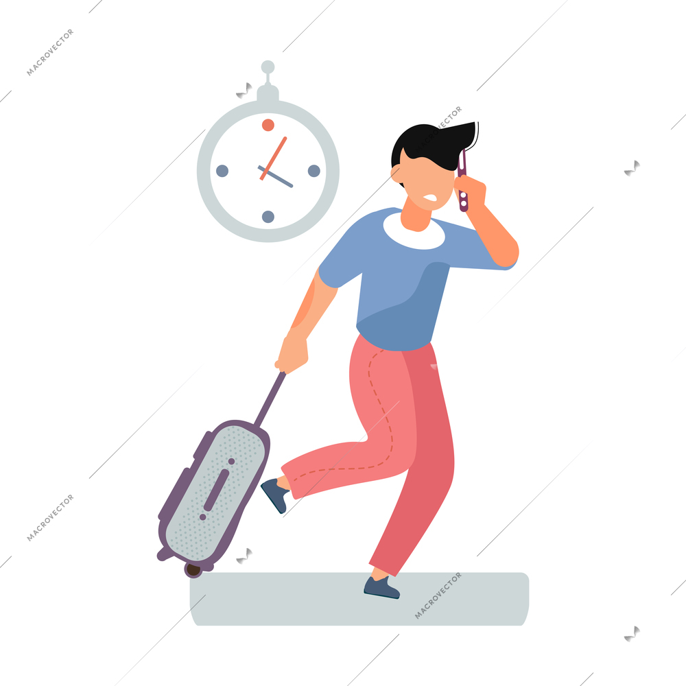 Flat man with suitcase running late vector illustration