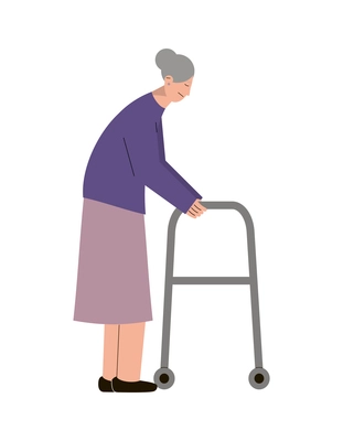 Sad disabled elderly woman with walking frame flat vector illustration