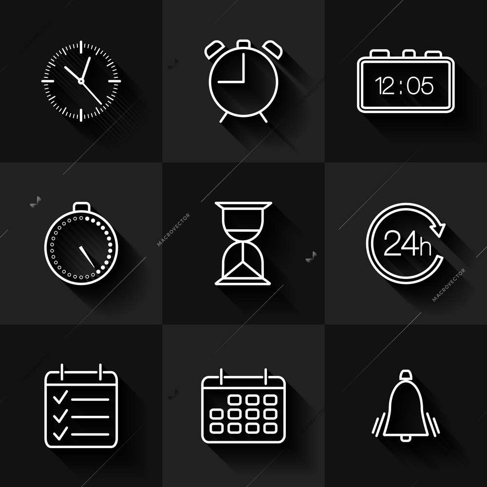 Set of contour date, time and calendar icons with shadows vector illustration