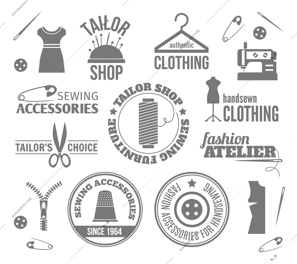 Sewing equipment fashion tailor accessories black labels set isolated vector illustration