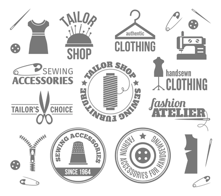 Sewing equipment fashion tailor accessories black labels set isolated vector illustration