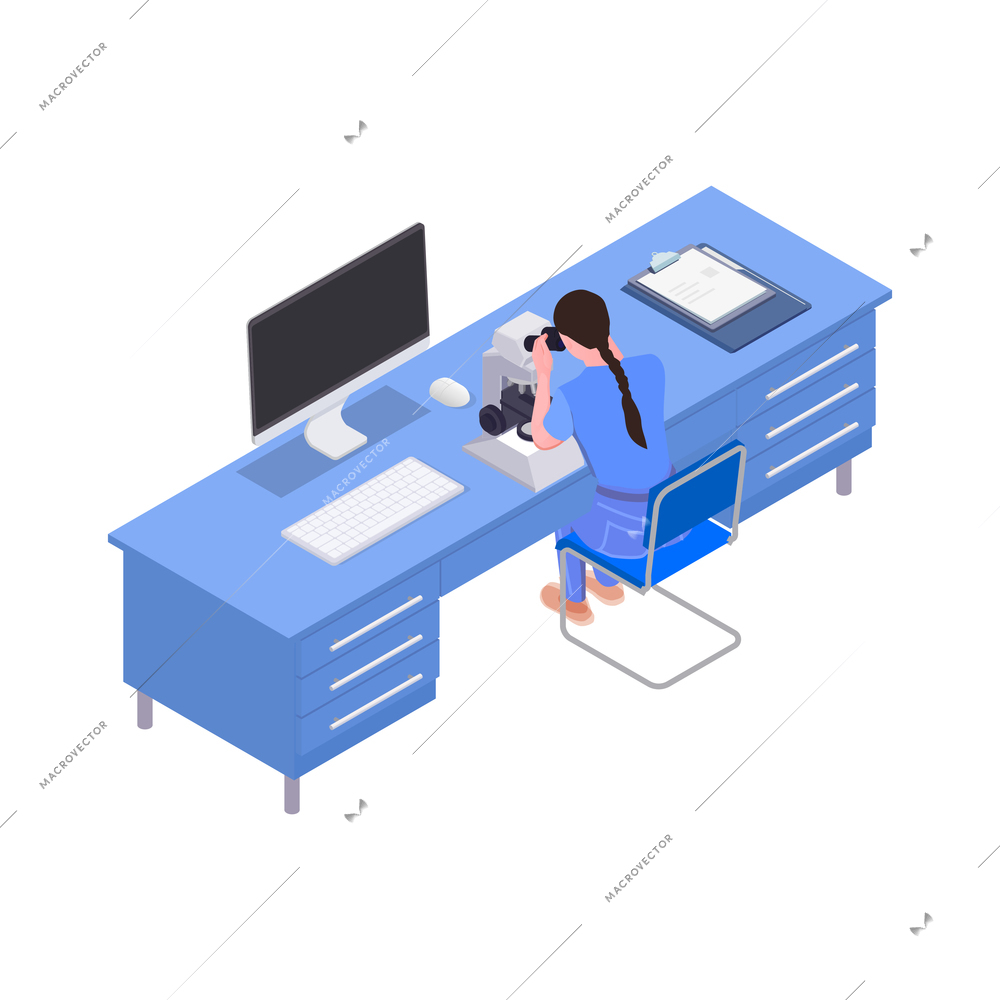 Woman working with microscope in science laboratory isometric vector illustration