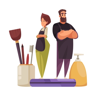 Flat composition with male and female hair stylists cosmetics and beauty tools vector illustration