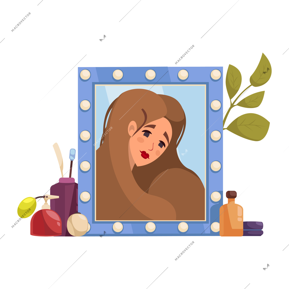 Flat icon with products for makeup and reflection of beautiful woman in professional mirror vector illustration