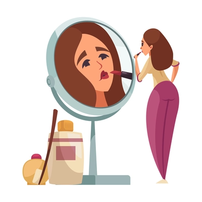 Make up flat icon with woman putting on lipstick in front of mirror vector illustration