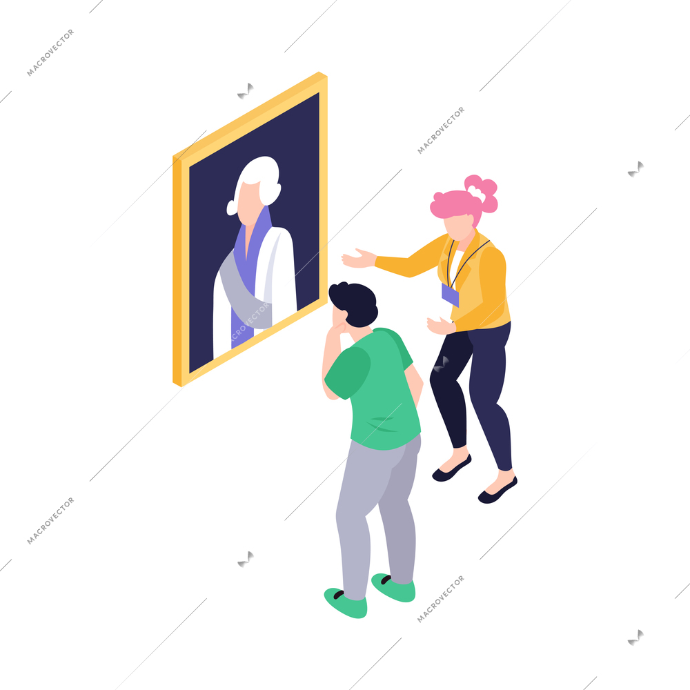 Two people watching portrait in art gallery isometric vector illustration