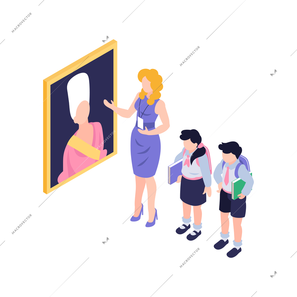 Two children and museum curator in art gallery isometric vector illustration