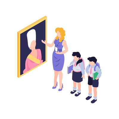 Two children and museum curator in art gallery isometric vector illustration