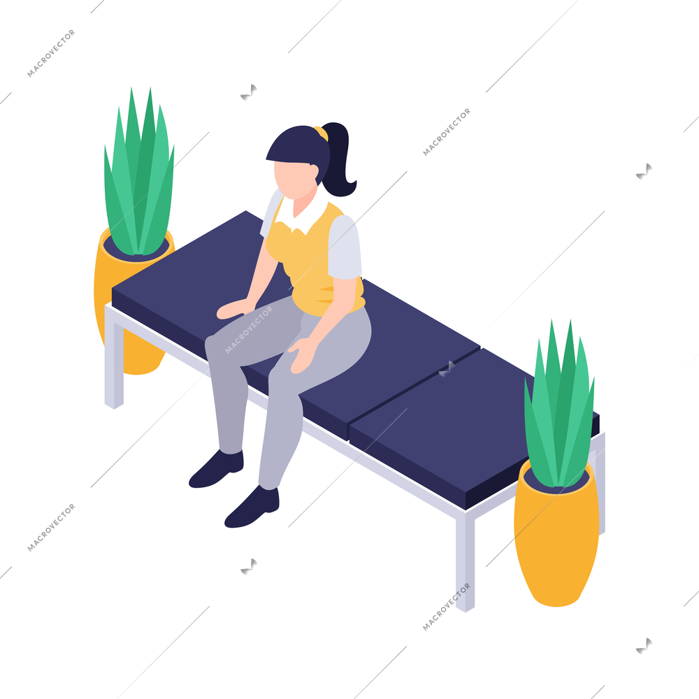 Isometric icon with woman sitting on bench in public place hall or reception vector illustration