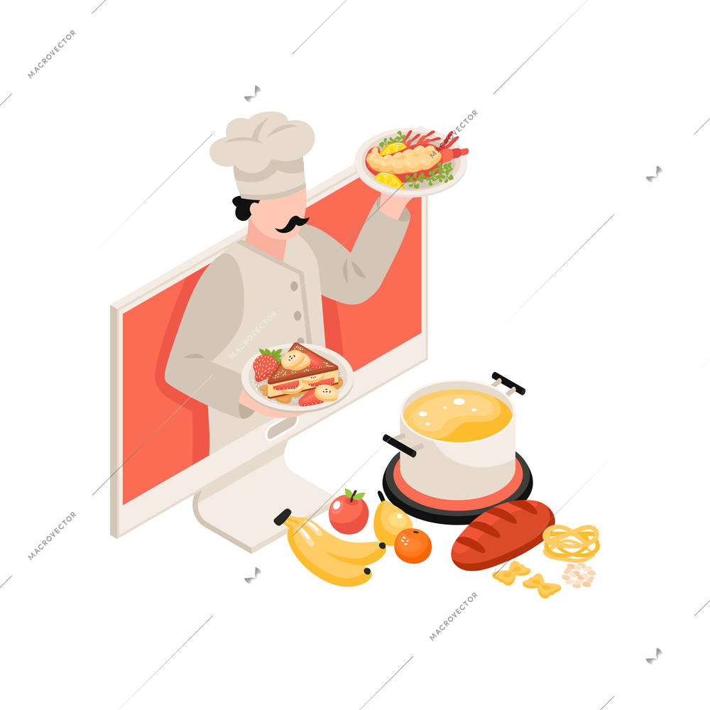 Cooking school isometric composition with delicious dishes ingredients and character of chef 3d vector illustration