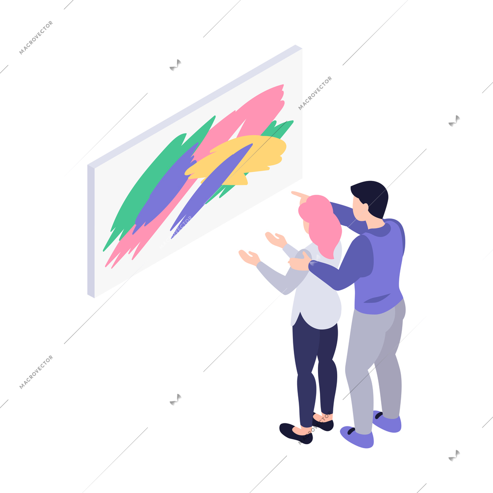 Couple looking at painting at art gallery isometric icon 3d vector illustration
