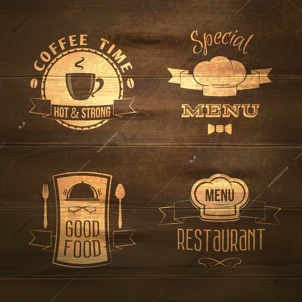 Restaurant menu good food emblems on wooden background set isolated vector illustration.