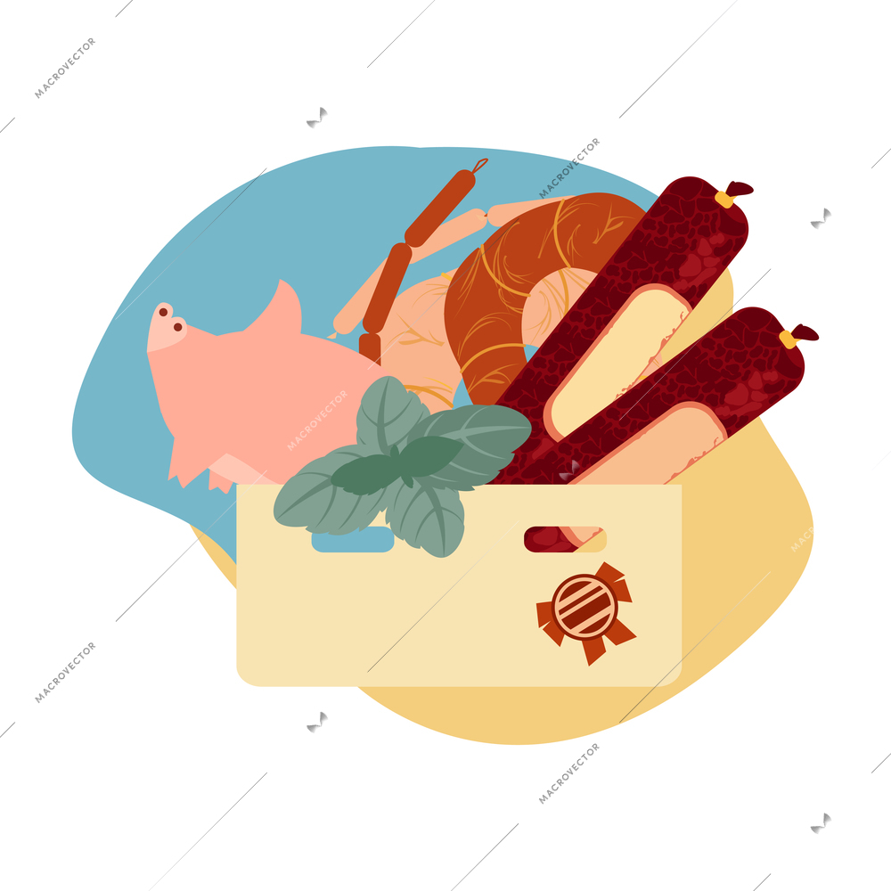 Sausage flat composition with delicious meat products and high quality badge vector illustration