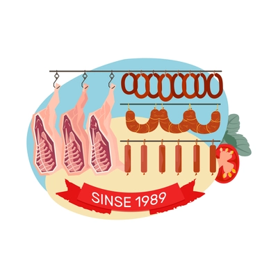 Flat composition with premium quality meat products hanging on hooks vector illustration