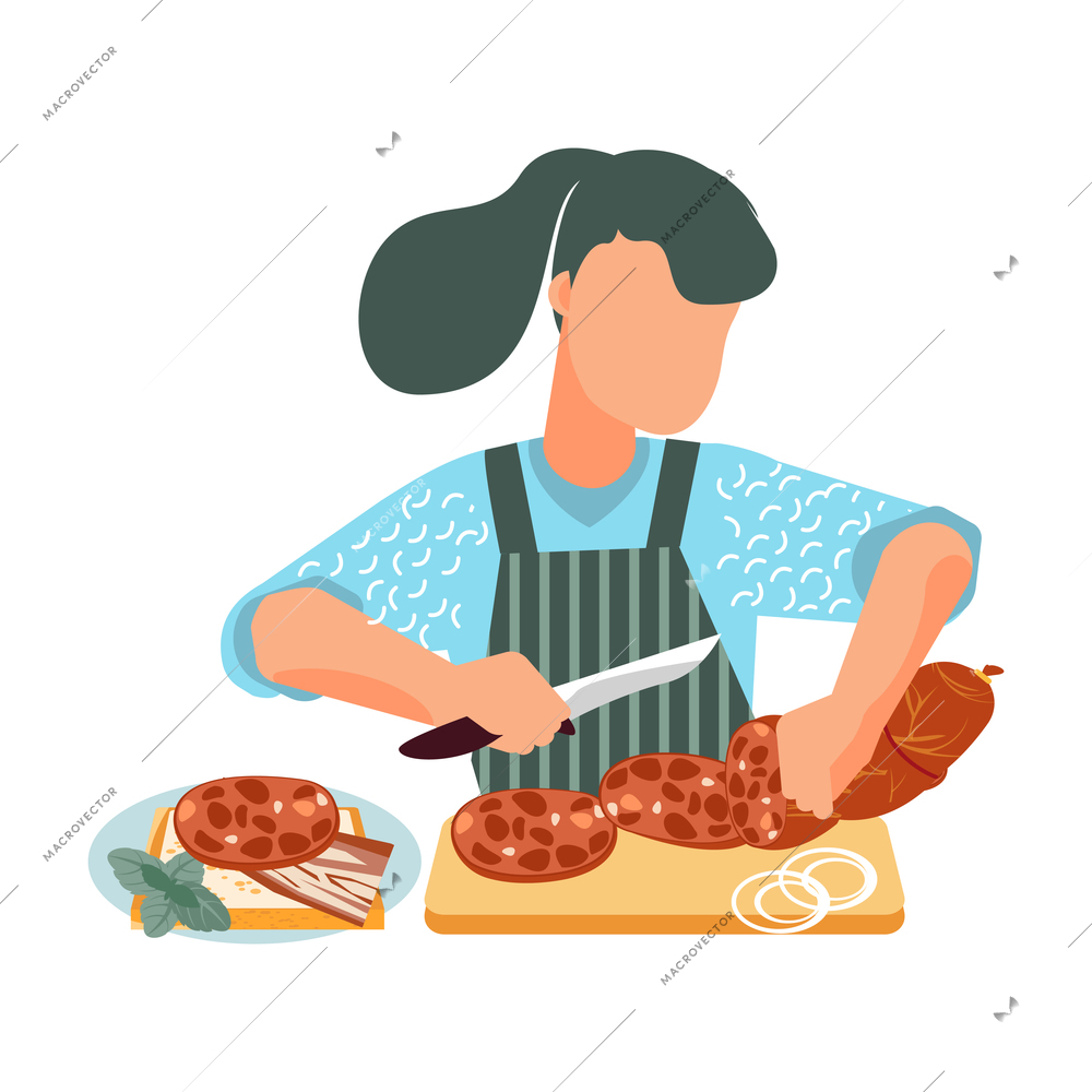 Flat icon with woman cutting sausages for sandwich vector illustration