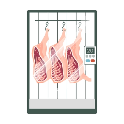 Dry aged meat hanging on hooks flat vector illustration