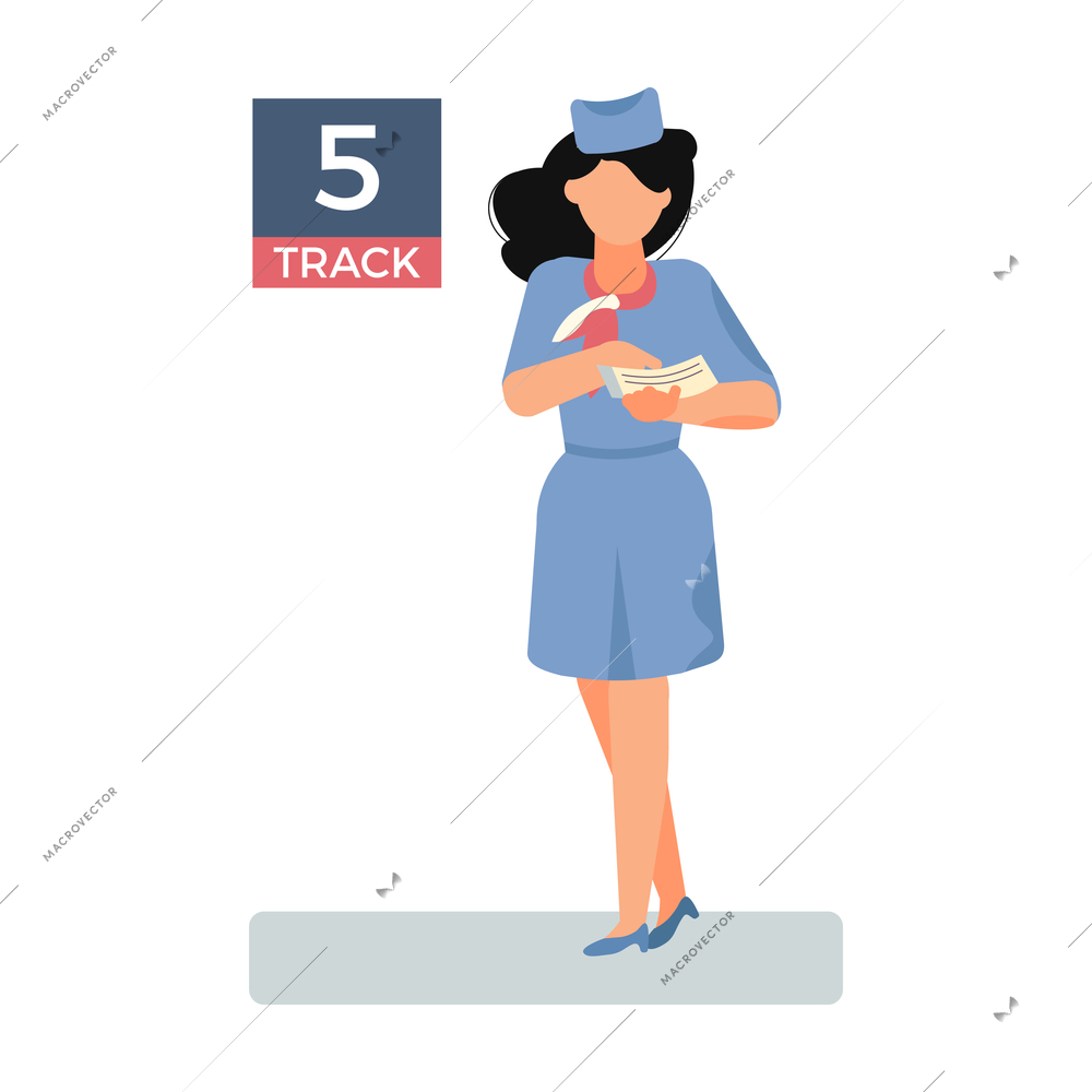 Railway station female worker in uniform flat vector illustration