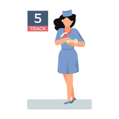 Railway station female worker in uniform flat vector illustration