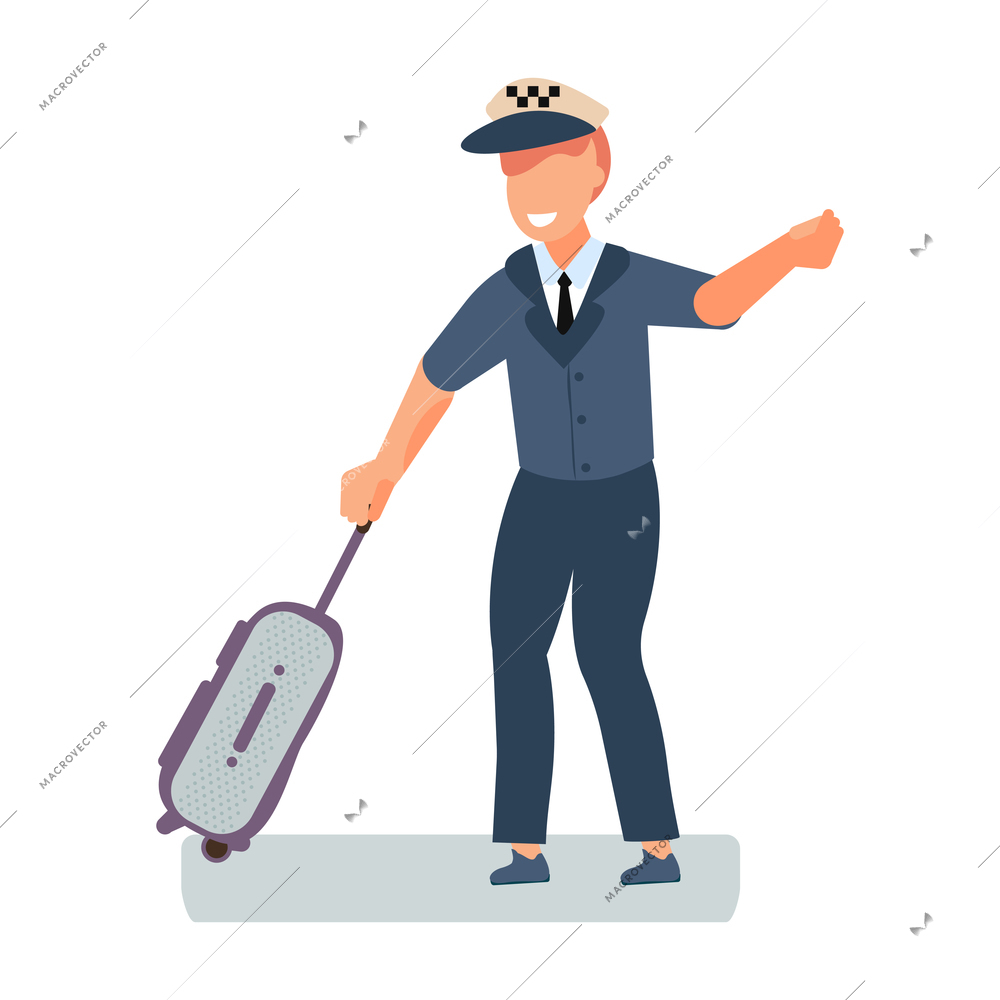 Happy taxi driver with suitcase flat icon vector illustration