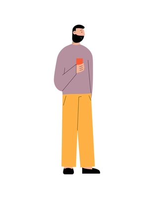 Flat color icon with dark haired bearded man holding smartphone vector illustration