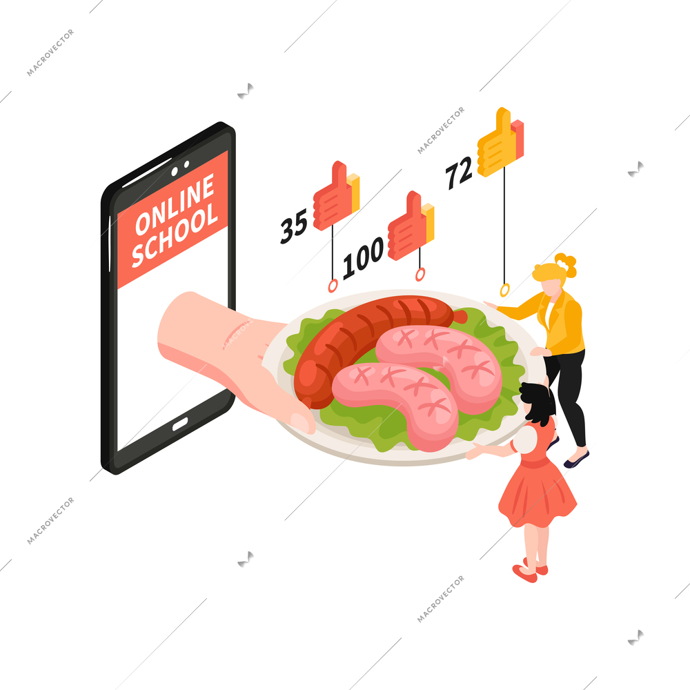 Online cooking school isometric composition with smartphone sausages on plate and human characters 3d vector illustration