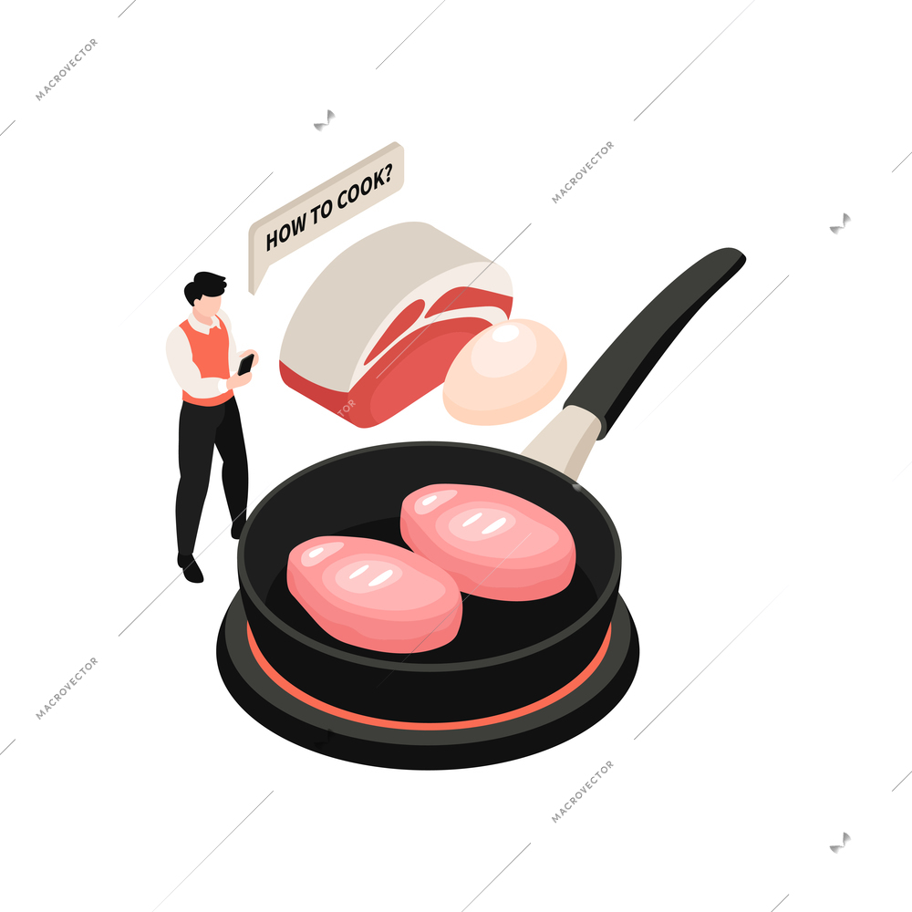 Cooking school isometric icon with frying pan food and character watching recipe in smartphone 3d vector illustration