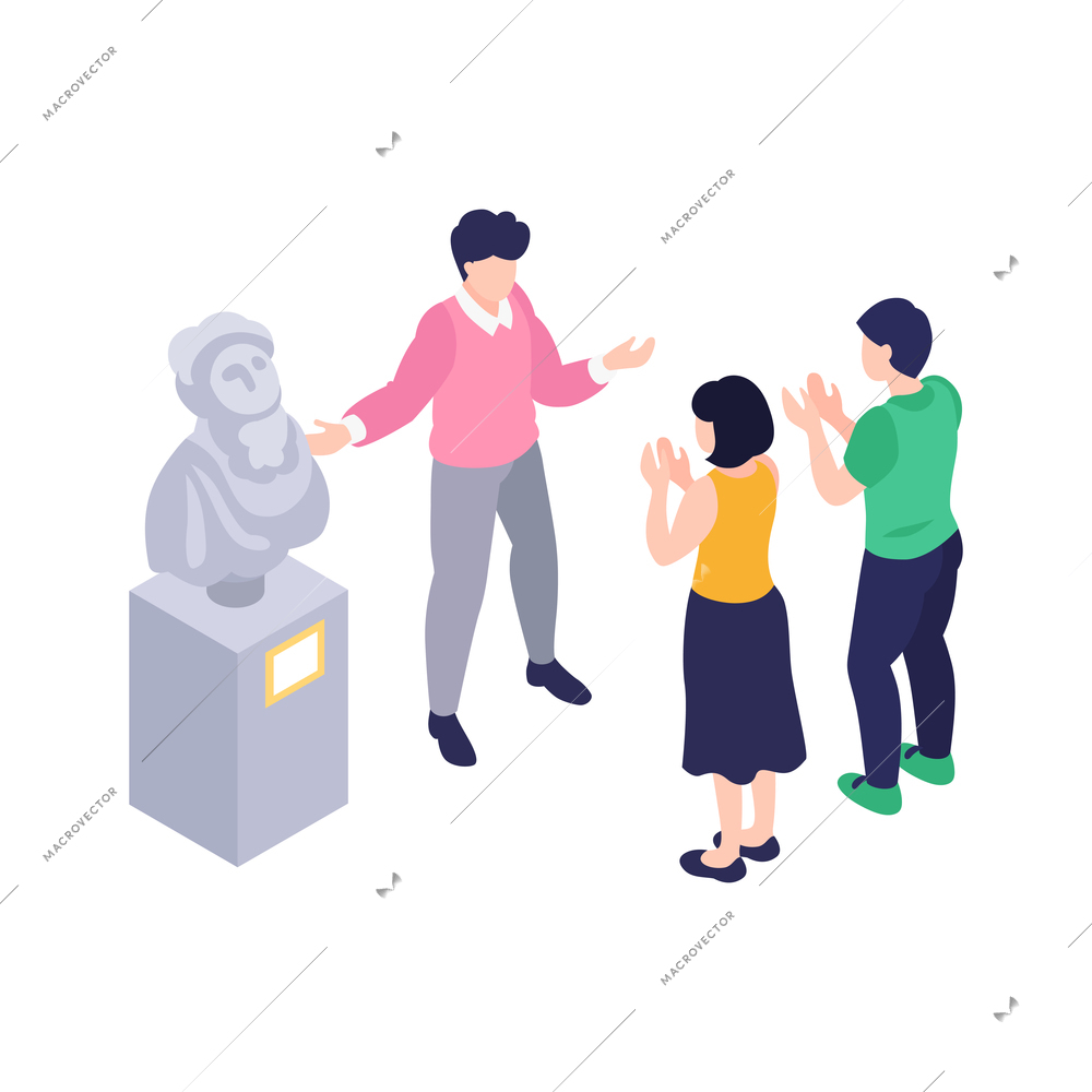 Isometric icon with art gallery curator and two applauding visitors vector illustration