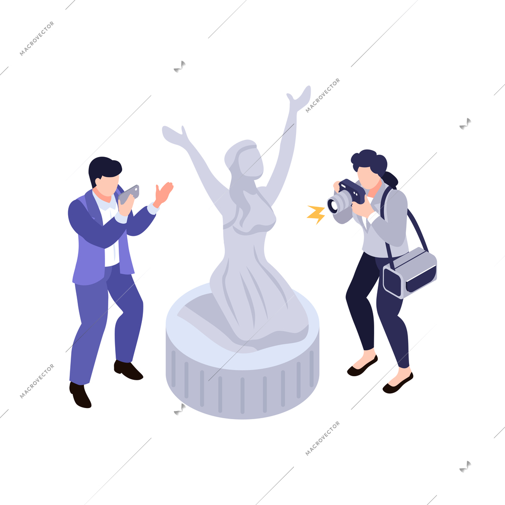Art exhibition isometric icon with two characters taking photos of statue vector illustration