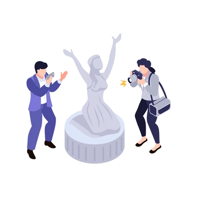 Art exhibition isometric icon with two characters taking photos of statue vector illustration