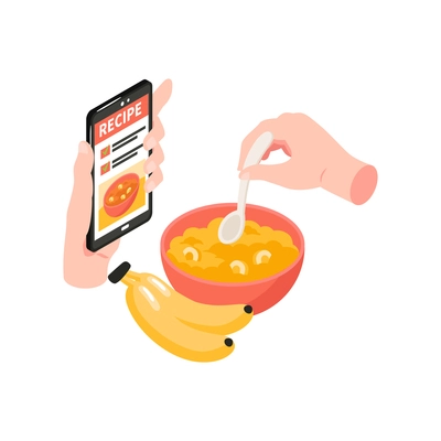 Cooking school isometric icon with human hands holding spoon and smartphone with recipe vector illustration