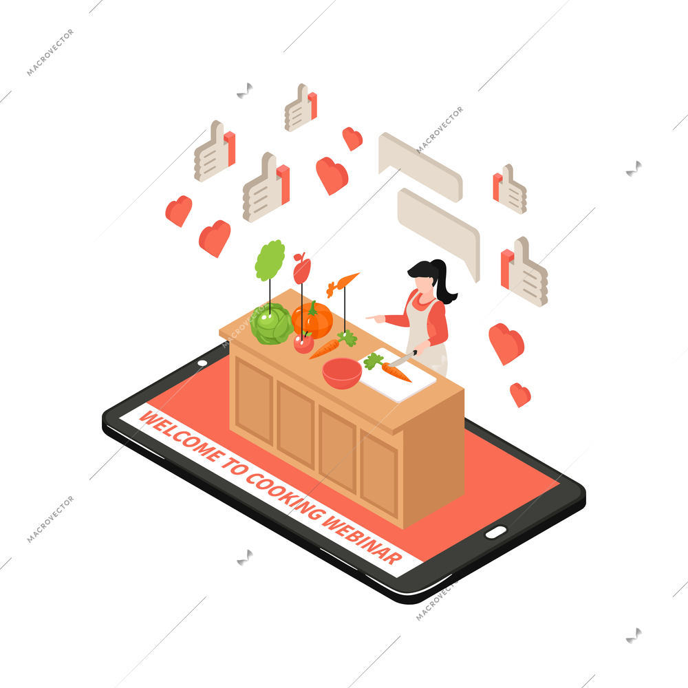 Online cooking school isometric icon with 3d gadget and woman vector illustration