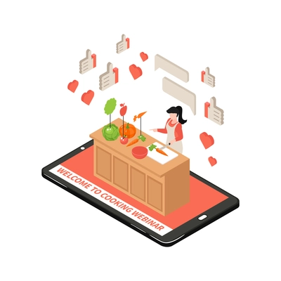 Online cooking school isometric icon with 3d gadget and woman vector illustration