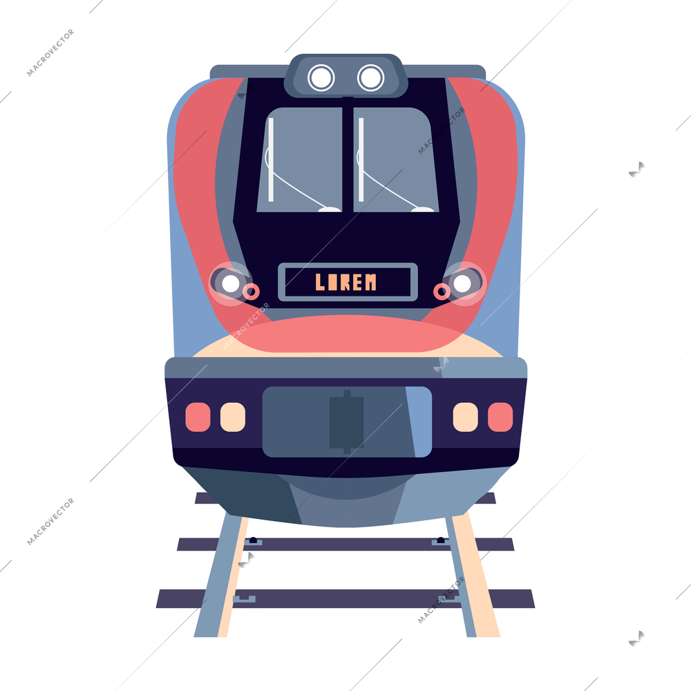 Front wagon of train on rails flat vector illustration